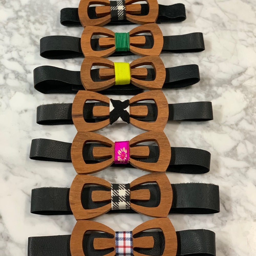 Hand made wood bow tie with leather Velcro strap